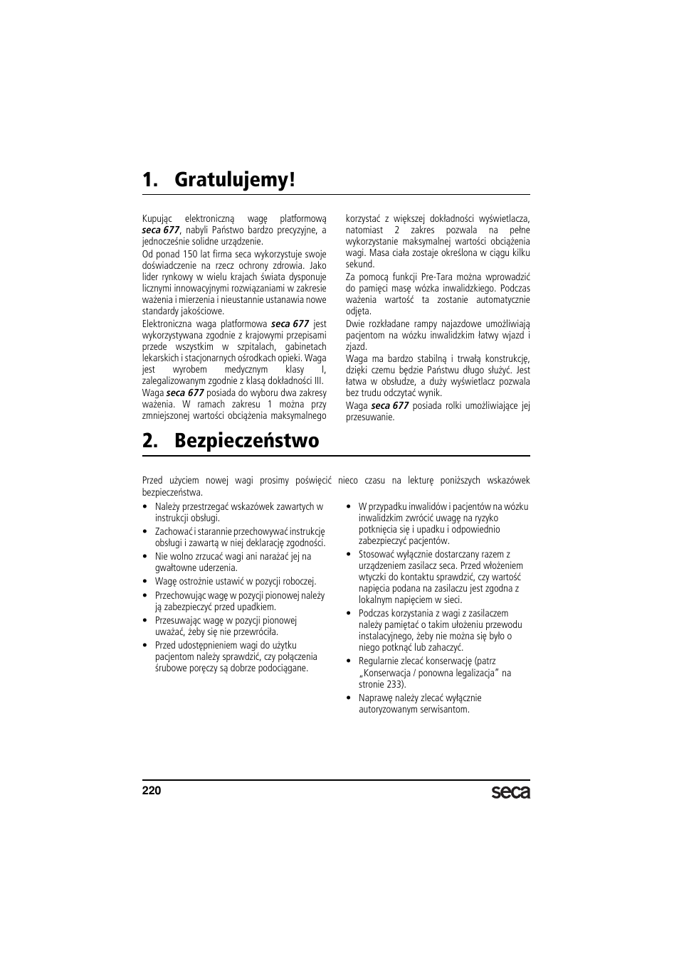 Gratulujemy, Bezpieczeństwo | Seca 677 User Manual | Page 220 / 240