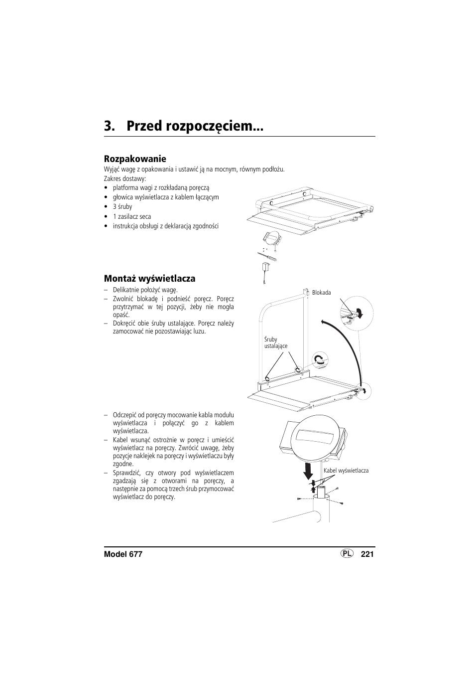 Przed rozpoczęciem, Rozpakowanie, Montaż wyświetlacza | Seca 677 User Manual | Page 221 / 240