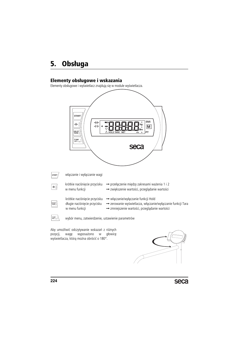 Obsługa, Elementy obsługowe i wskazania | Seca 677 User Manual | Page 224 / 240