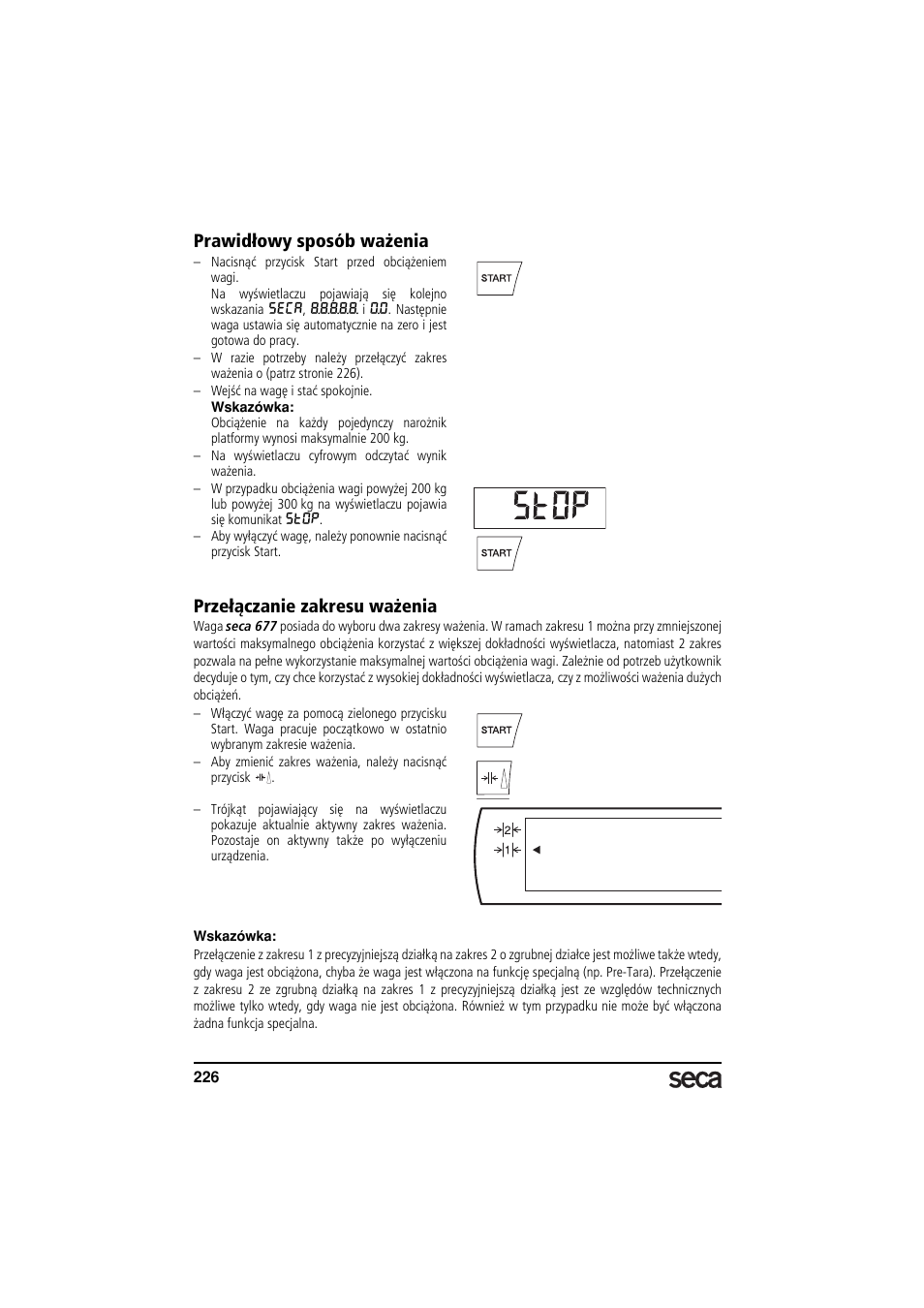 Prawidłowy sposób ważenia, Przełączanie zakresu ważenia | Seca 677 User Manual | Page 226 / 240