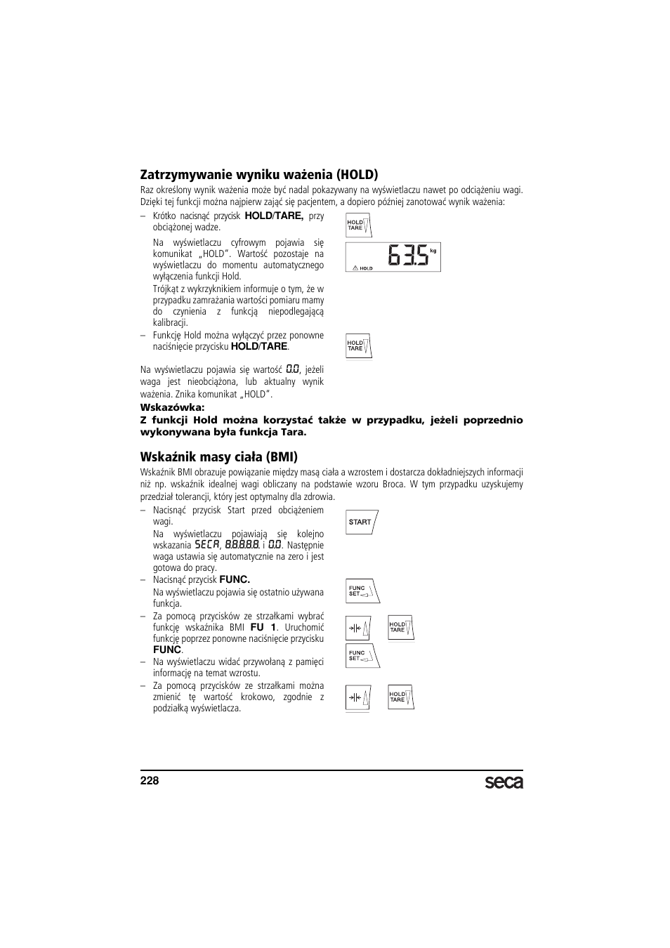 Zatrzymywanie wyniku ważenia (hold), Wskaźnik masy ciała (bmi) | Seca 677 User Manual | Page 228 / 240