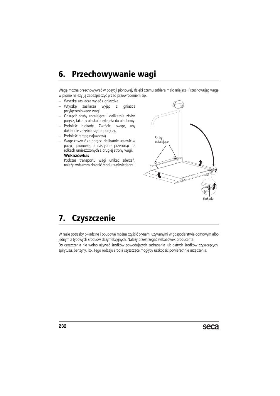 Przechowywanie wagi, Czyszczenie | Seca 677 User Manual | Page 232 / 240