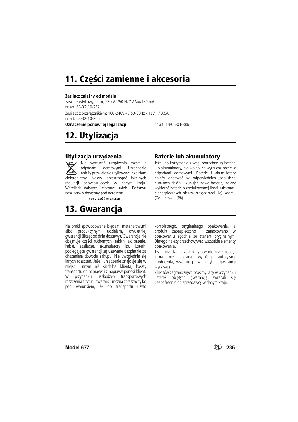 Części zamienne i akcesoria, Utylizacja, Utylizacja urządzenia | Baterie lub akumulatory, Gwarancja | Seca 677 User Manual | Page 235 / 240