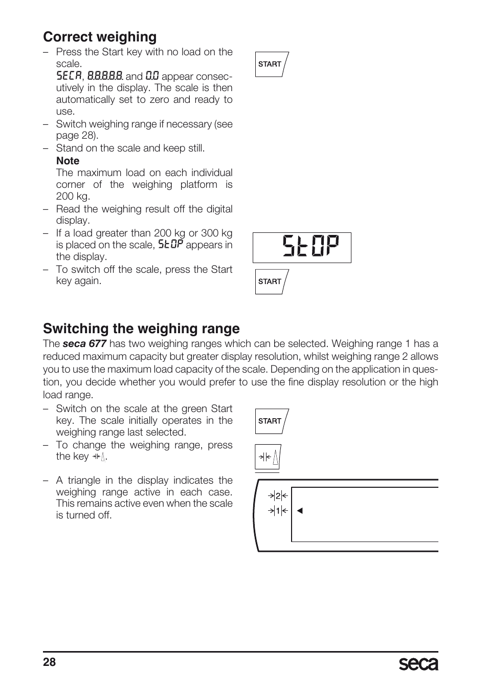 Correct weighing, Switching the weighing range | Seca 677 User Manual | Page 28 / 240