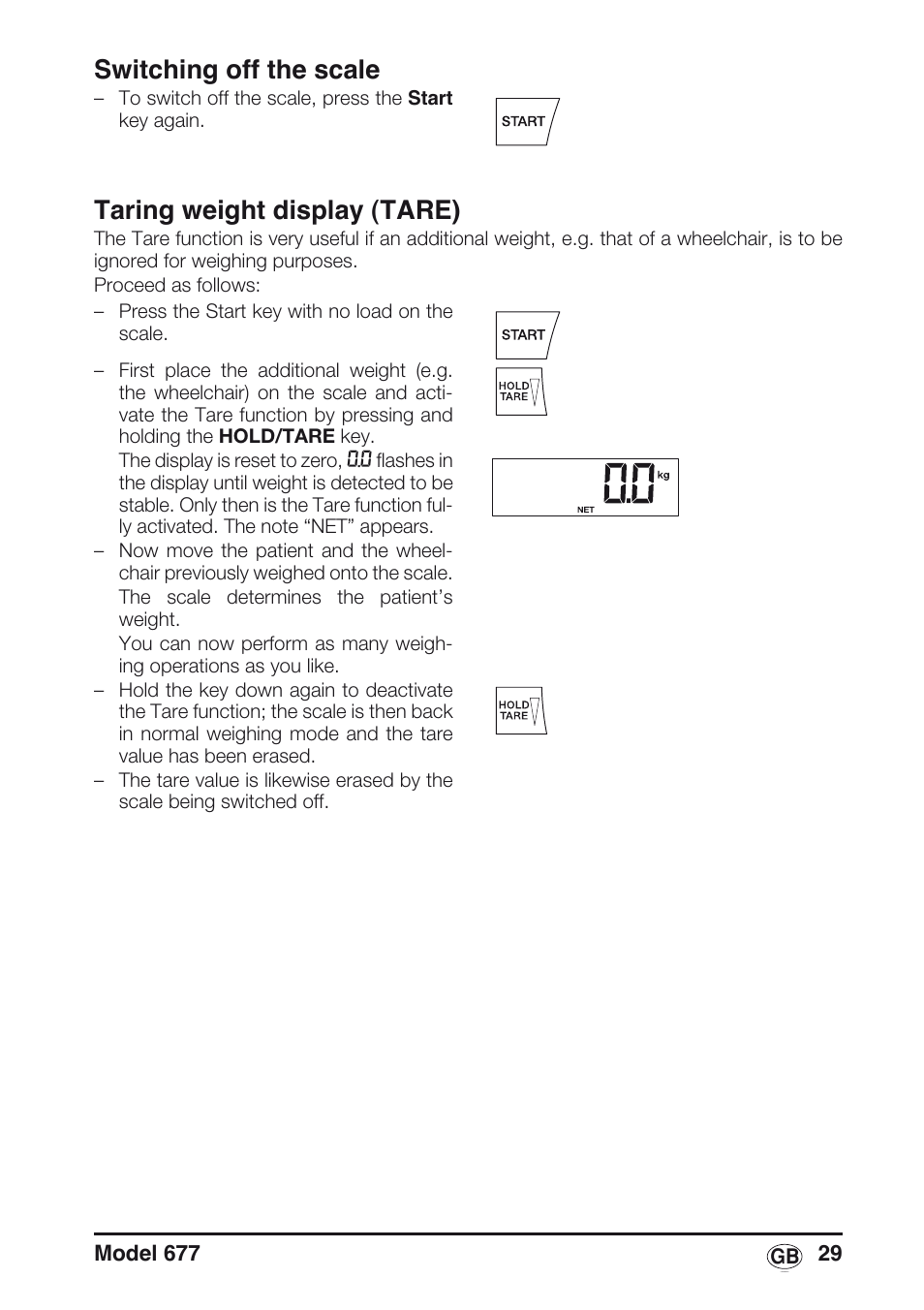 Taring weight display (tare), Switching off the scale | Seca 677 User Manual | Page 29 / 240