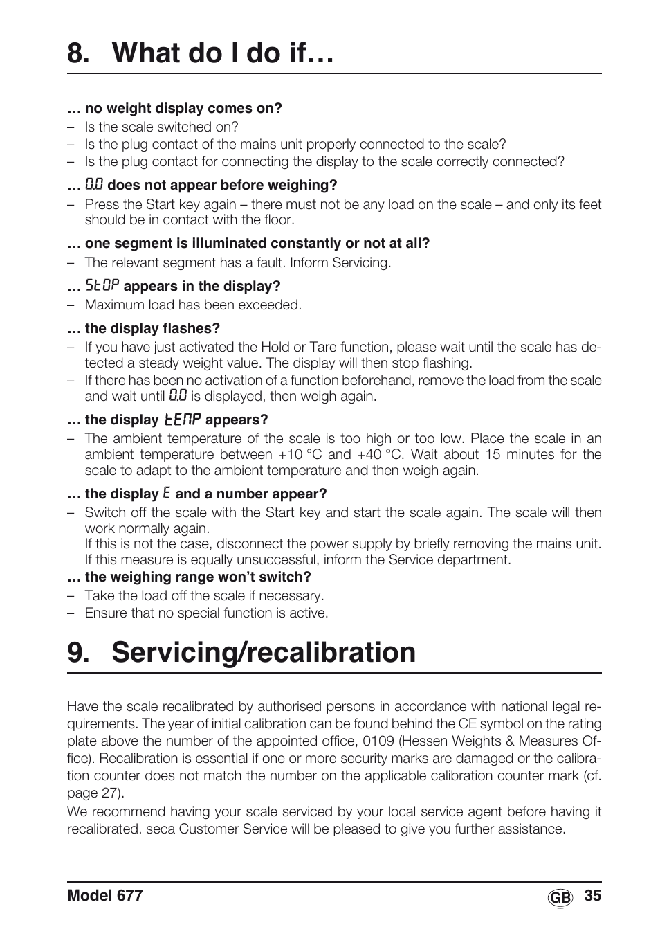 What do i do if, Servicing/recalibration | Seca 677 User Manual | Page 35 / 240