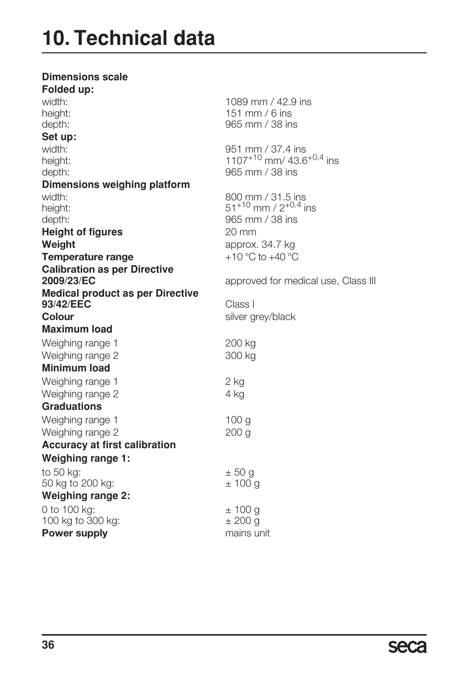 Technical data | Seca 677 User Manual | Page 36 / 240