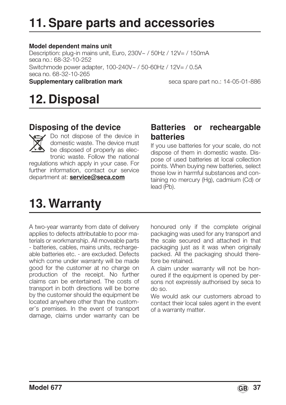 Spare parts and accessories, Disposal, Disposing of the device | Batteries or recheargable batteries, Warranty | Seca 677 User Manual | Page 37 / 240