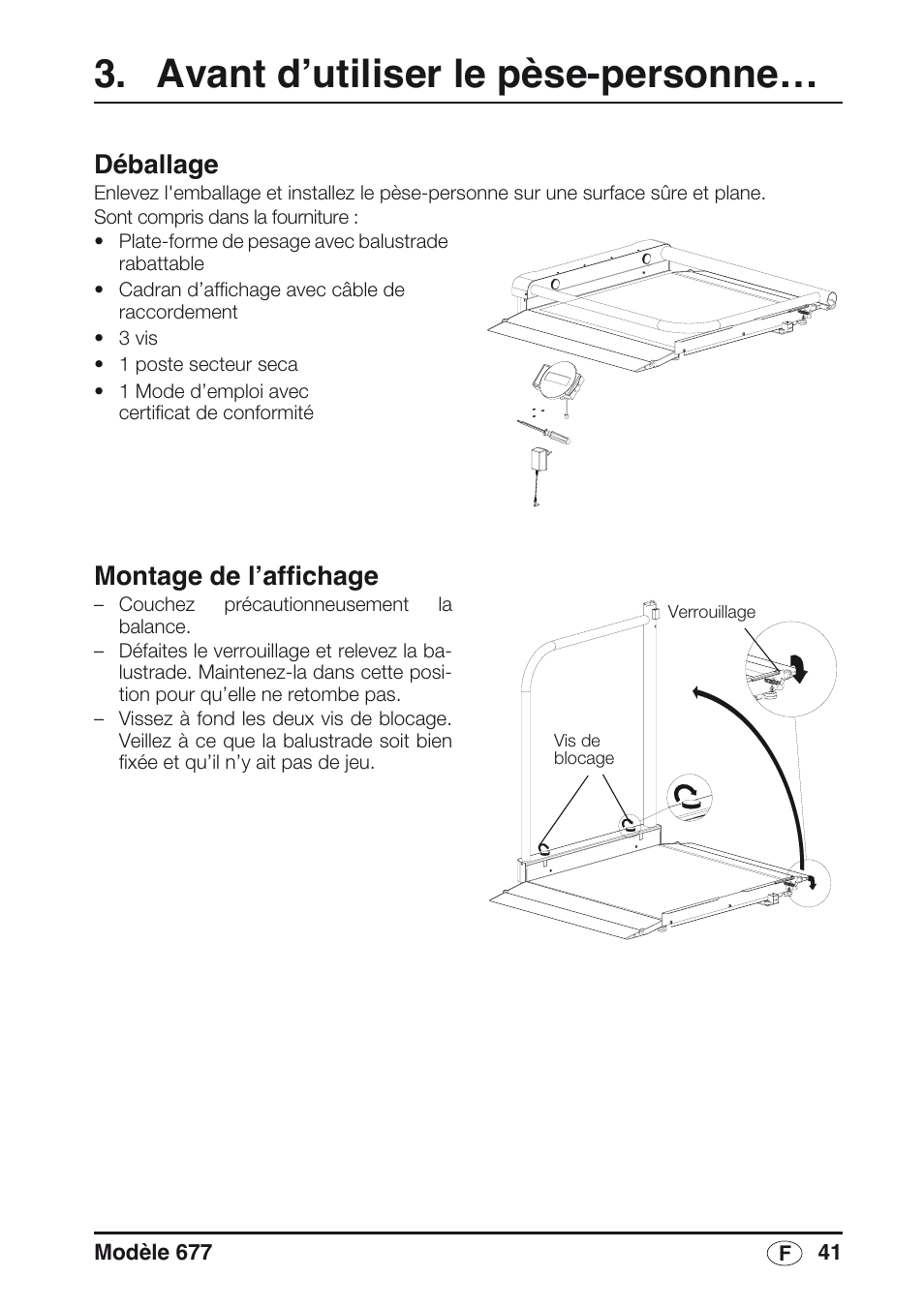 Avant d’utiliser le pèse-personne, Déballage, Montage de l’affichage | Seca 677 User Manual | Page 41 / 240