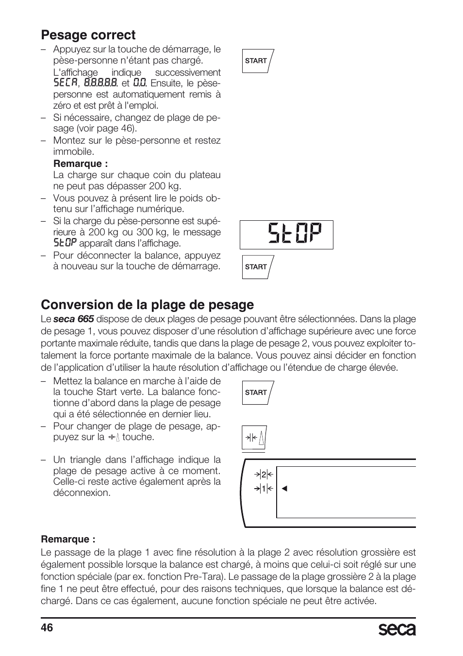 Pesage correct, Conversion de la plage de pesage | Seca 677 User Manual | Page 46 / 240
