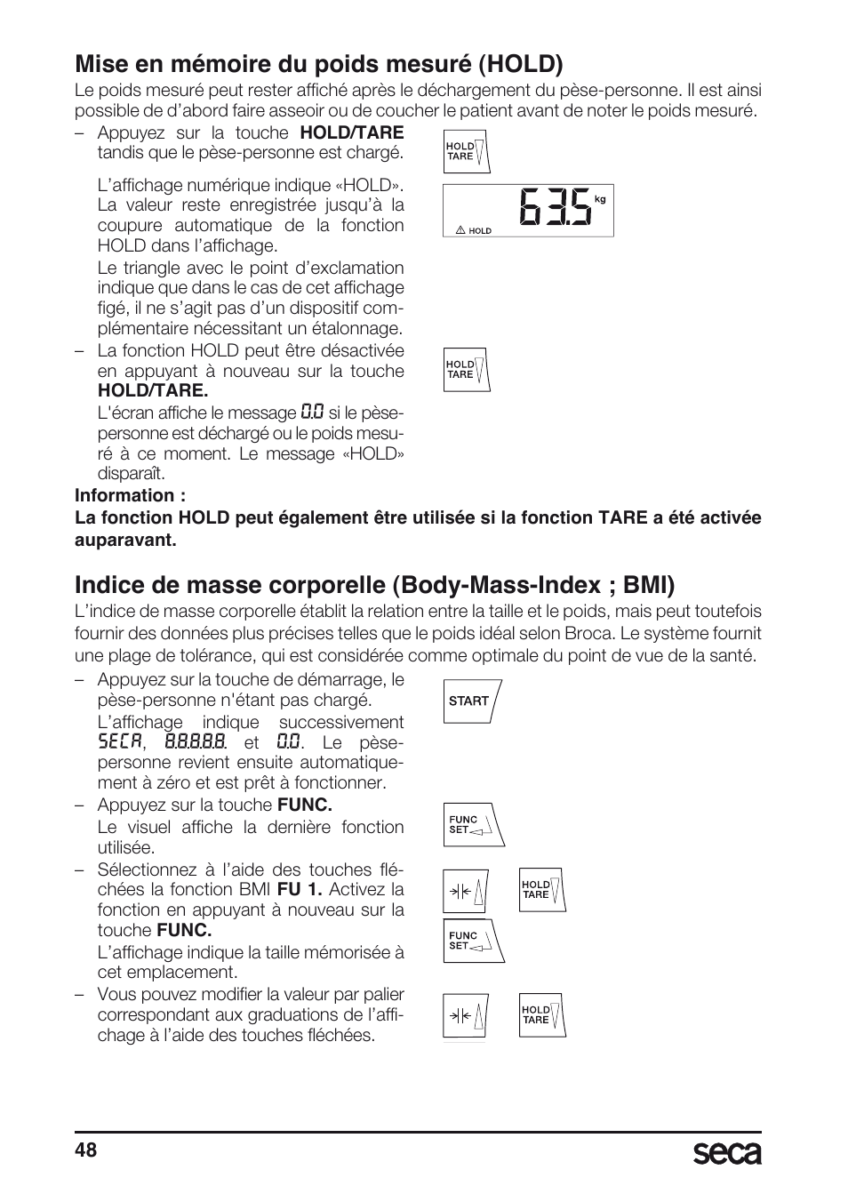 Mise en mémoire du poids mesuré (hold), Indice de masse corporelle (body-mass-index ; bmi) | Seca 677 User Manual | Page 48 / 240