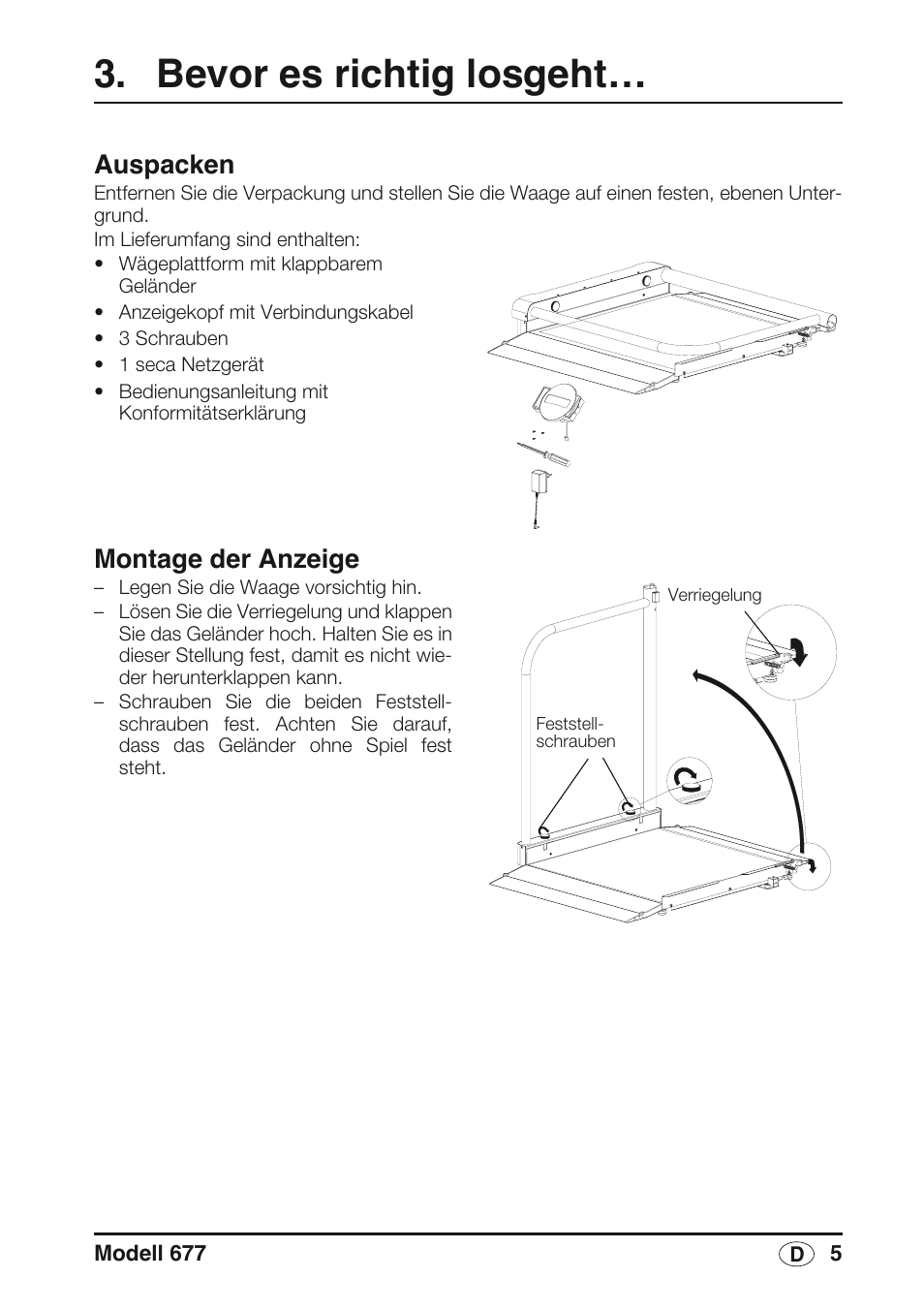 Bevor es richtig losgeht, Auspacken, Montage der anzeige | Seca 677 User Manual | Page 5 / 240