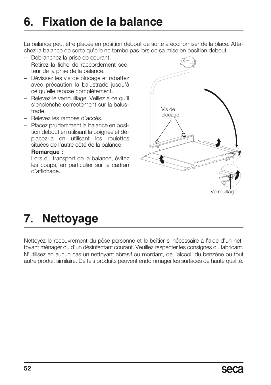 Fixation de la balance, Nettoyage | Seca 677 User Manual | Page 52 / 240