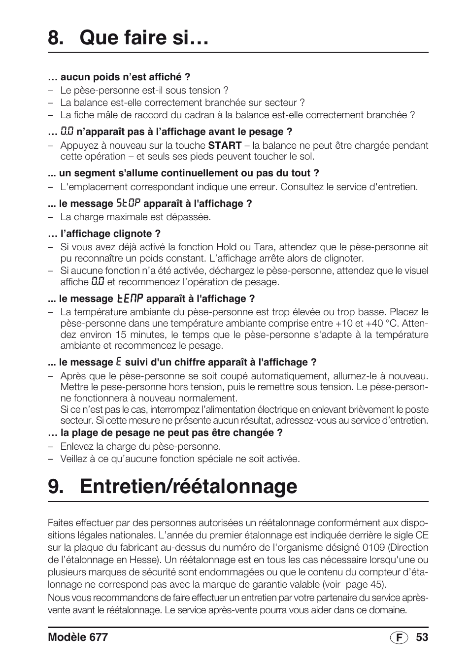 Que faire si, Entretien/réétalonnage | Seca 677 User Manual | Page 53 / 240