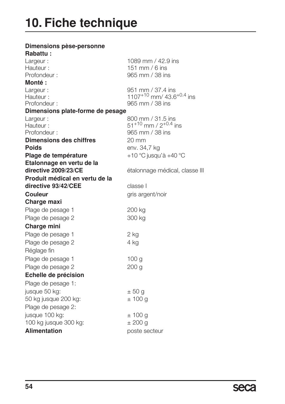 Fiche technique | Seca 677 User Manual | Page 54 / 240
