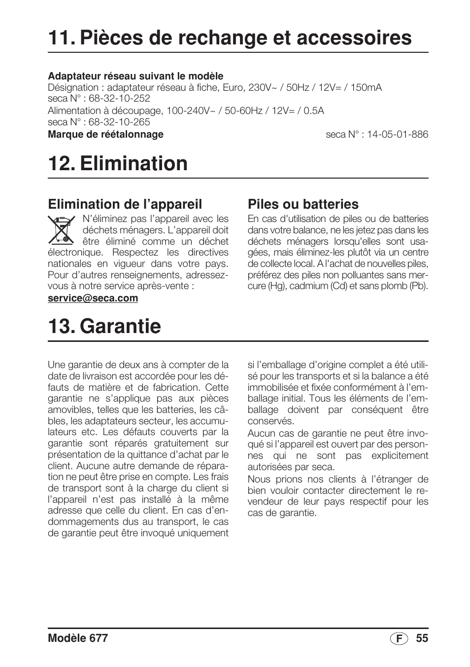 Pièces de rechange et accessoires, Elimination, Elimination de l’appareil | Piles ou batteries, Garantie | Seca 677 User Manual | Page 55 / 240