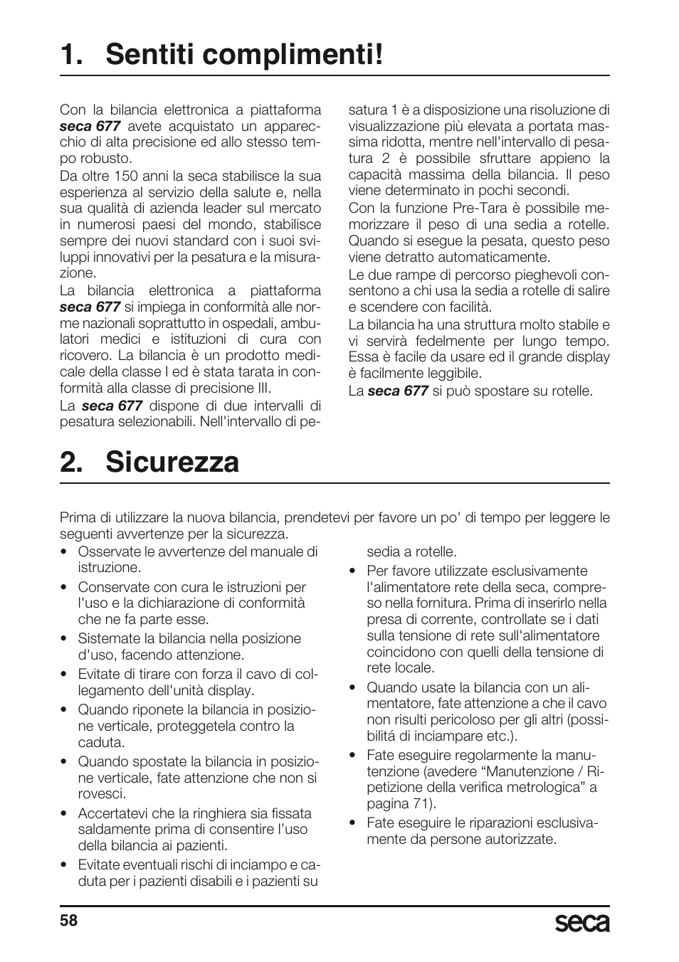 Sentiti complimenti, Sicurezza | Seca 677 User Manual | Page 58 / 240