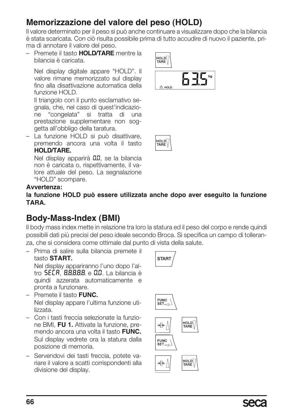 Memorizzazione del valore del peso (hold), Body-mass-index (bmi) | Seca 677 User Manual | Page 66 / 240
