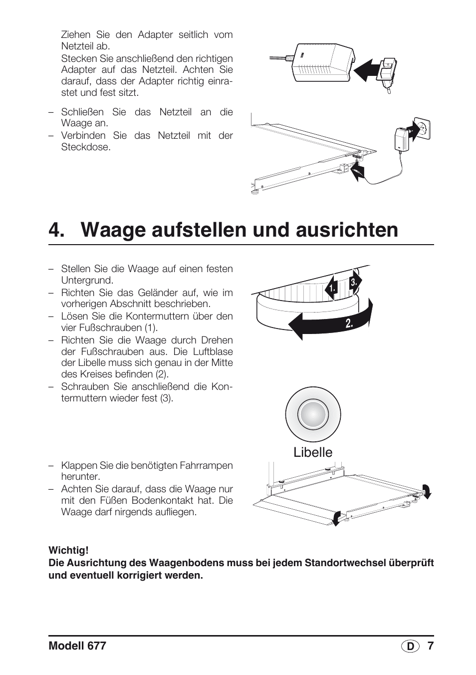 Waage aufstellen und ausrichten, Libelle | Seca 677 User Manual | Page 7 / 240