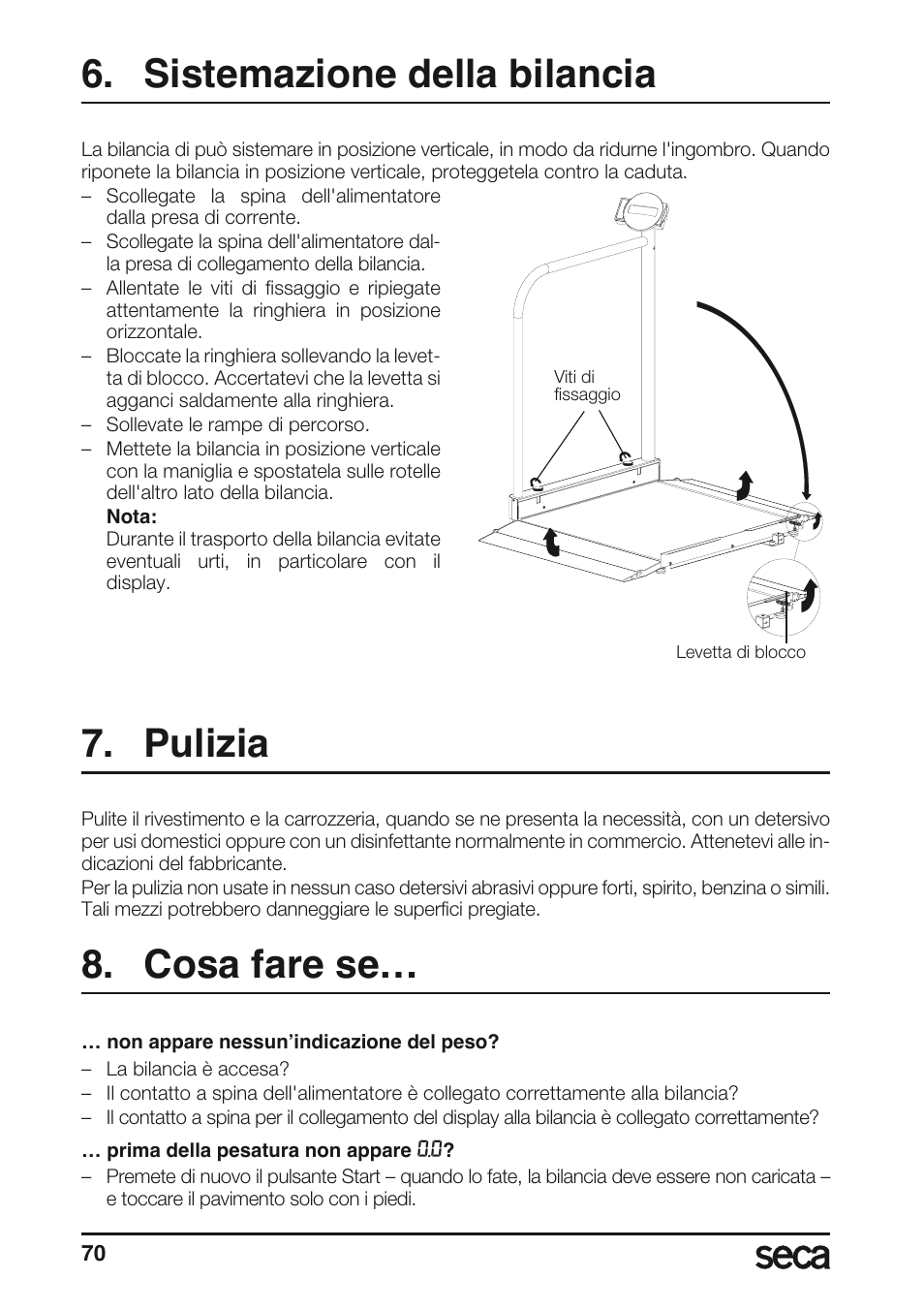 Sistemazione della bilancia, Pulizia, Cosa fare se | Seca 677 User Manual | Page 70 / 240