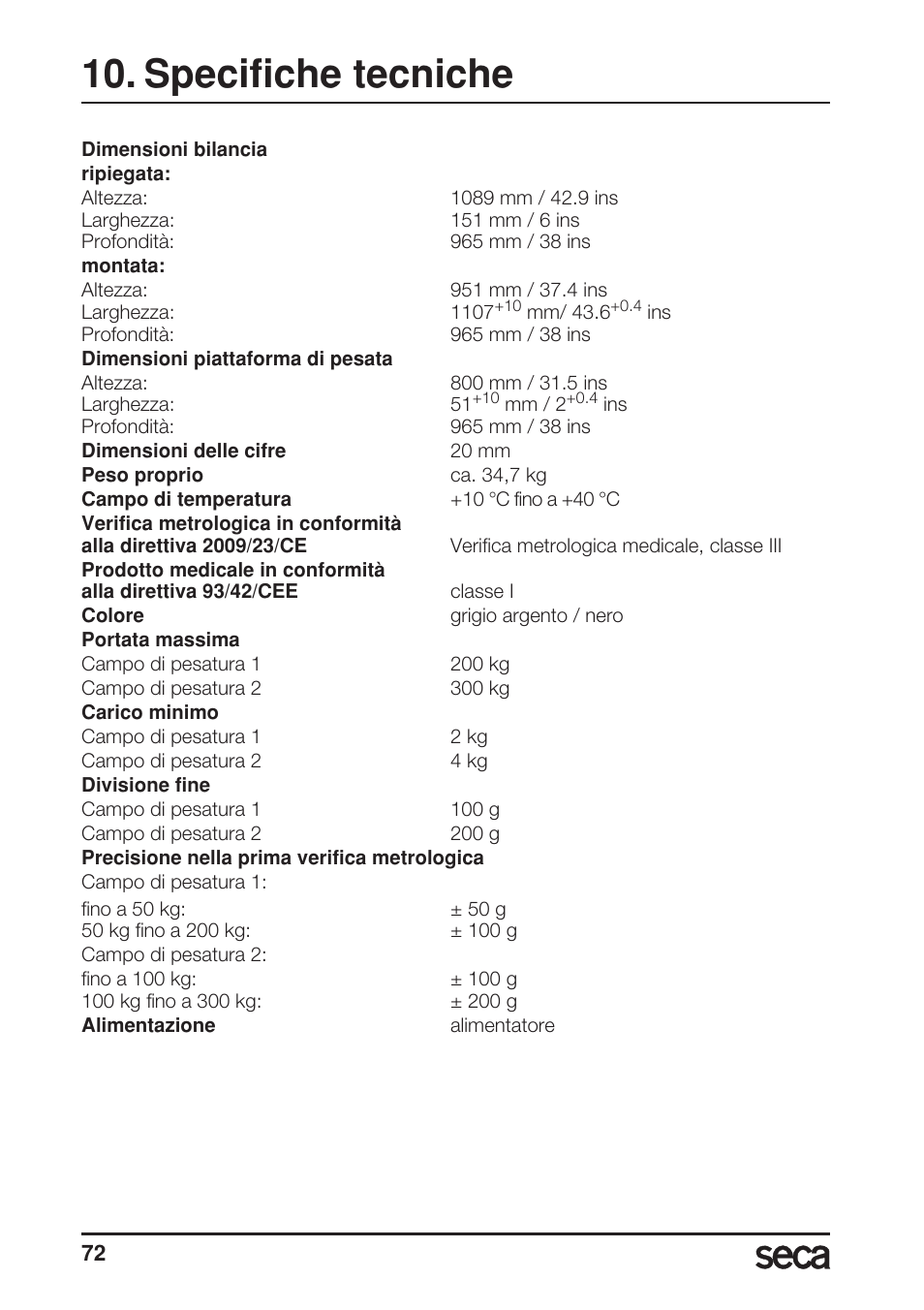 Specifiche tecniche | Seca 677 User Manual | Page 72 / 240