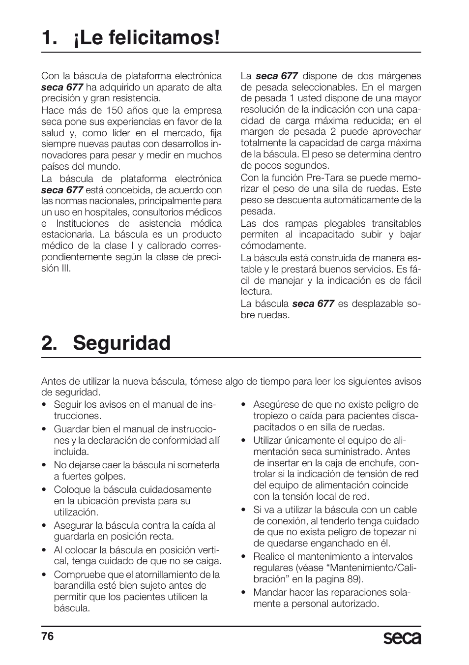 ¡le felicitamos, Seguridad | Seca 677 User Manual | Page 76 / 240
