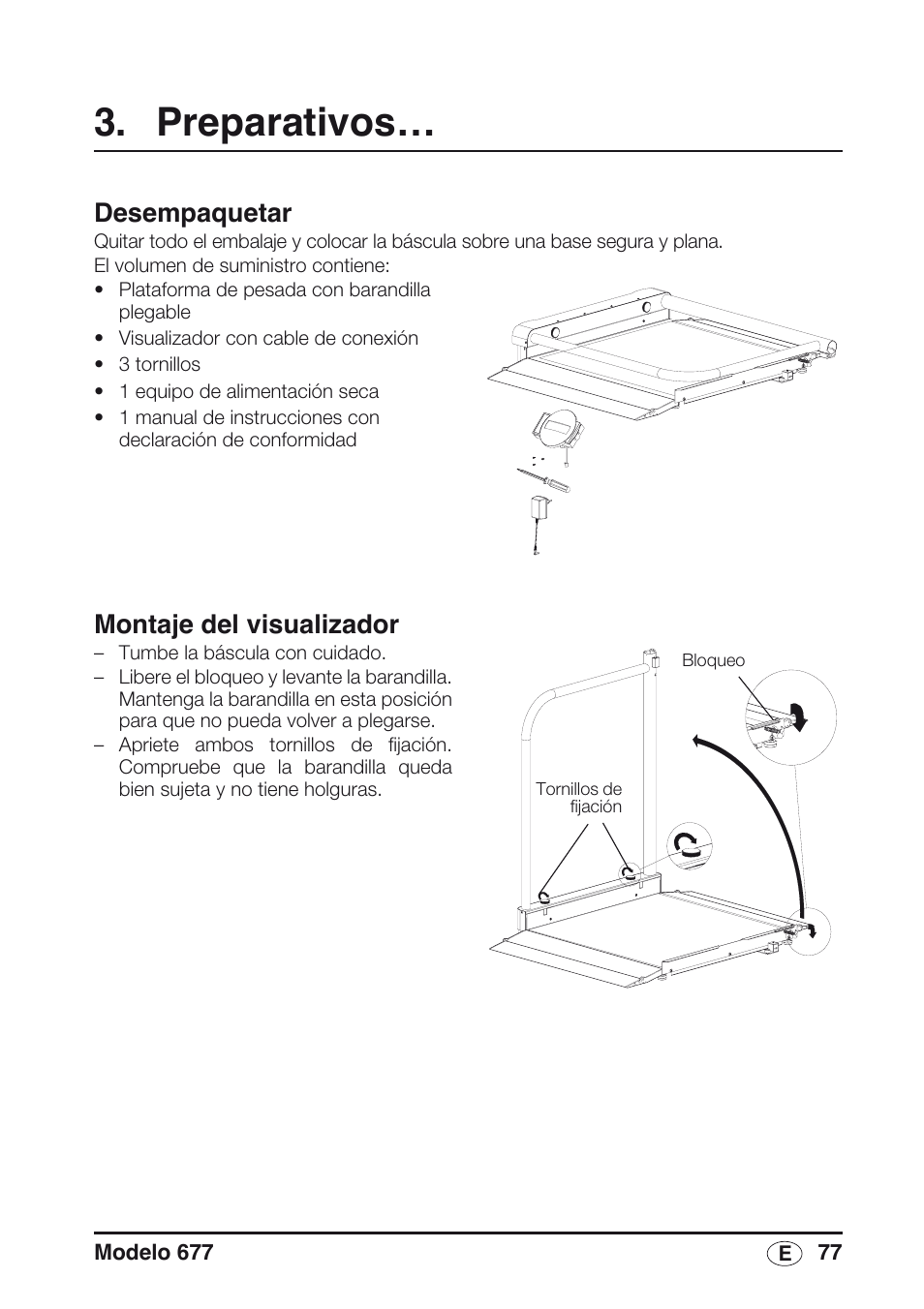 Preparativos, Desempaquetar, Montaje del visualizador | Seca 677 User Manual | Page 77 / 240