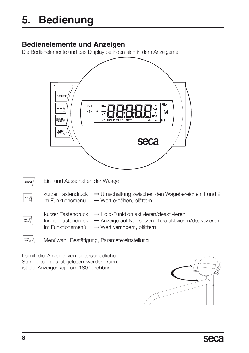 Bedienung, Bedienelemente und anzeigen | Seca 677 User Manual | Page 8 / 240