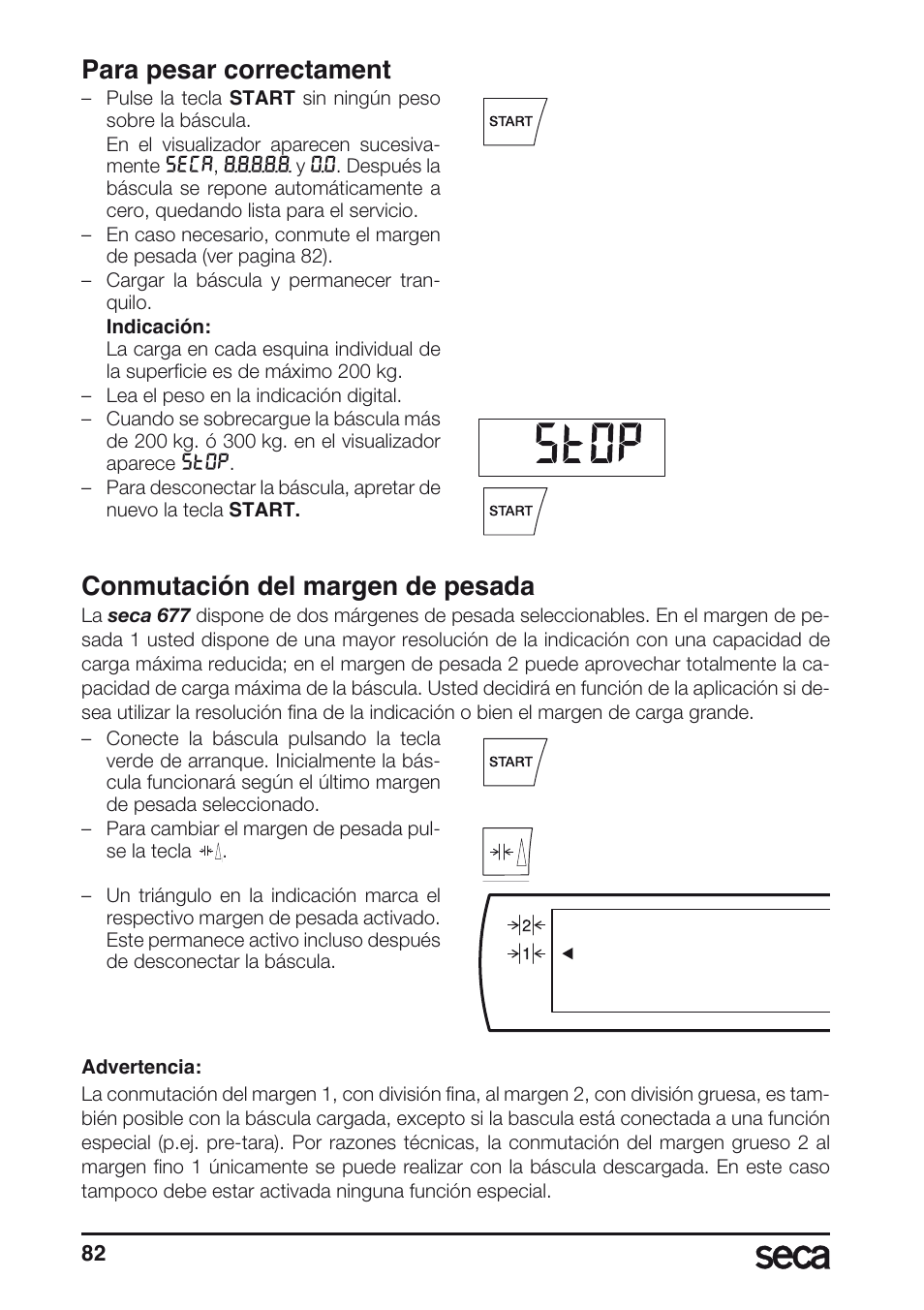 Para pesar correctament, Conmutación del margen de pesada | Seca 677 User Manual | Page 82 / 240