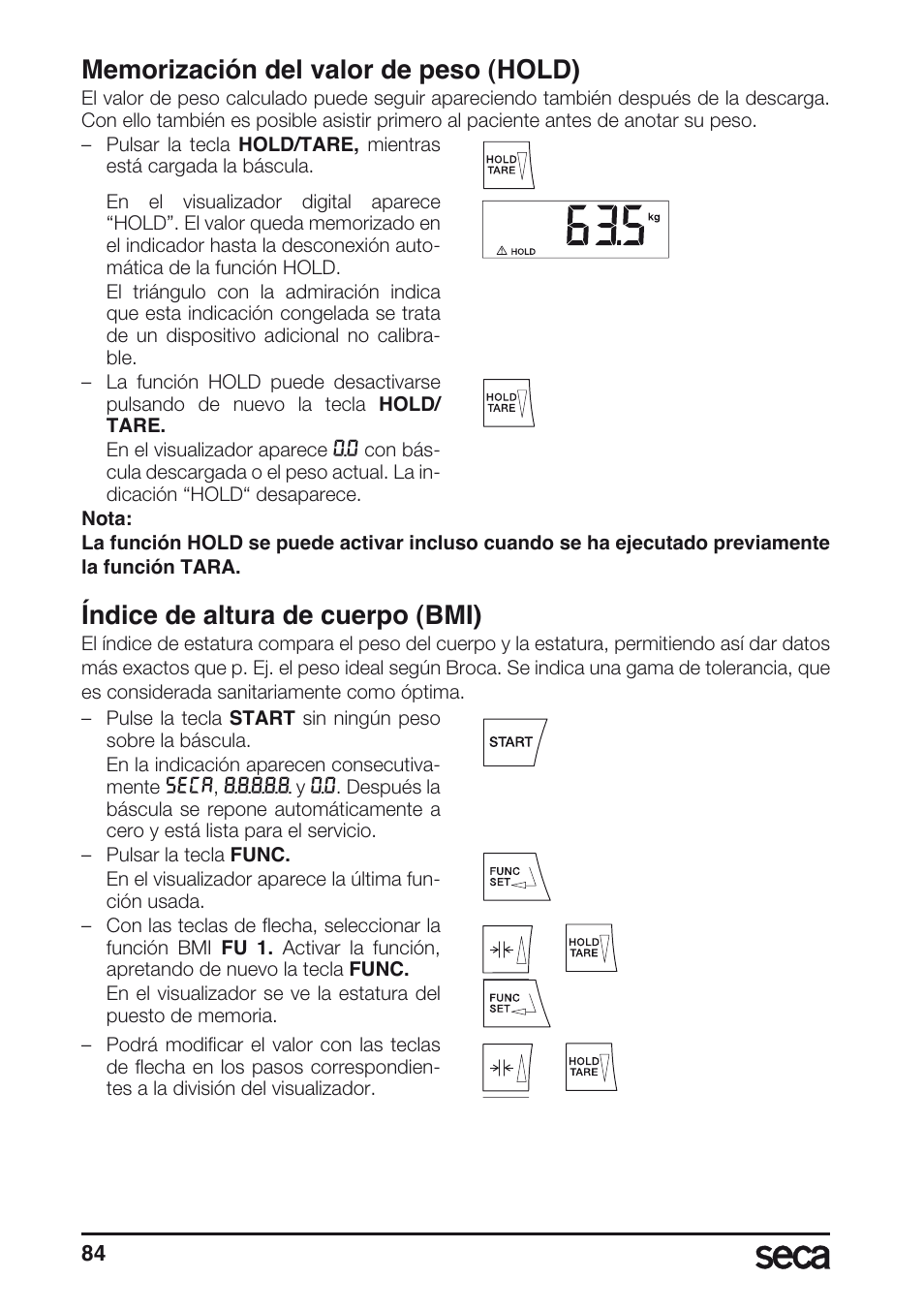 Memorización del valor de peso (hold), Índice de altura de cuerpo (bmi) | Seca 677 User Manual | Page 84 / 240