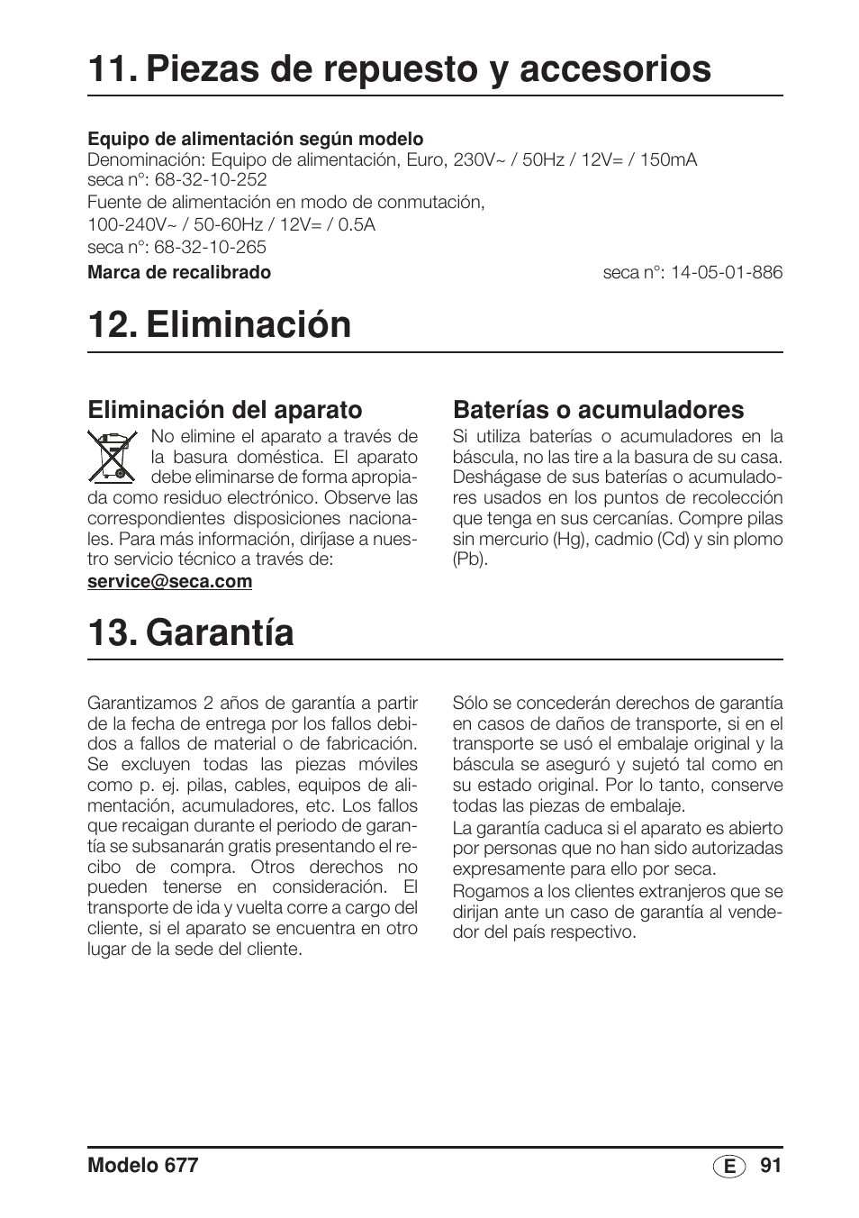 Piezas de repuesto y accesorios, Eliminación, Eliminación del aparato | Baterías o acumuladores, Garantía | Seca 677 User Manual | Page 91 / 240