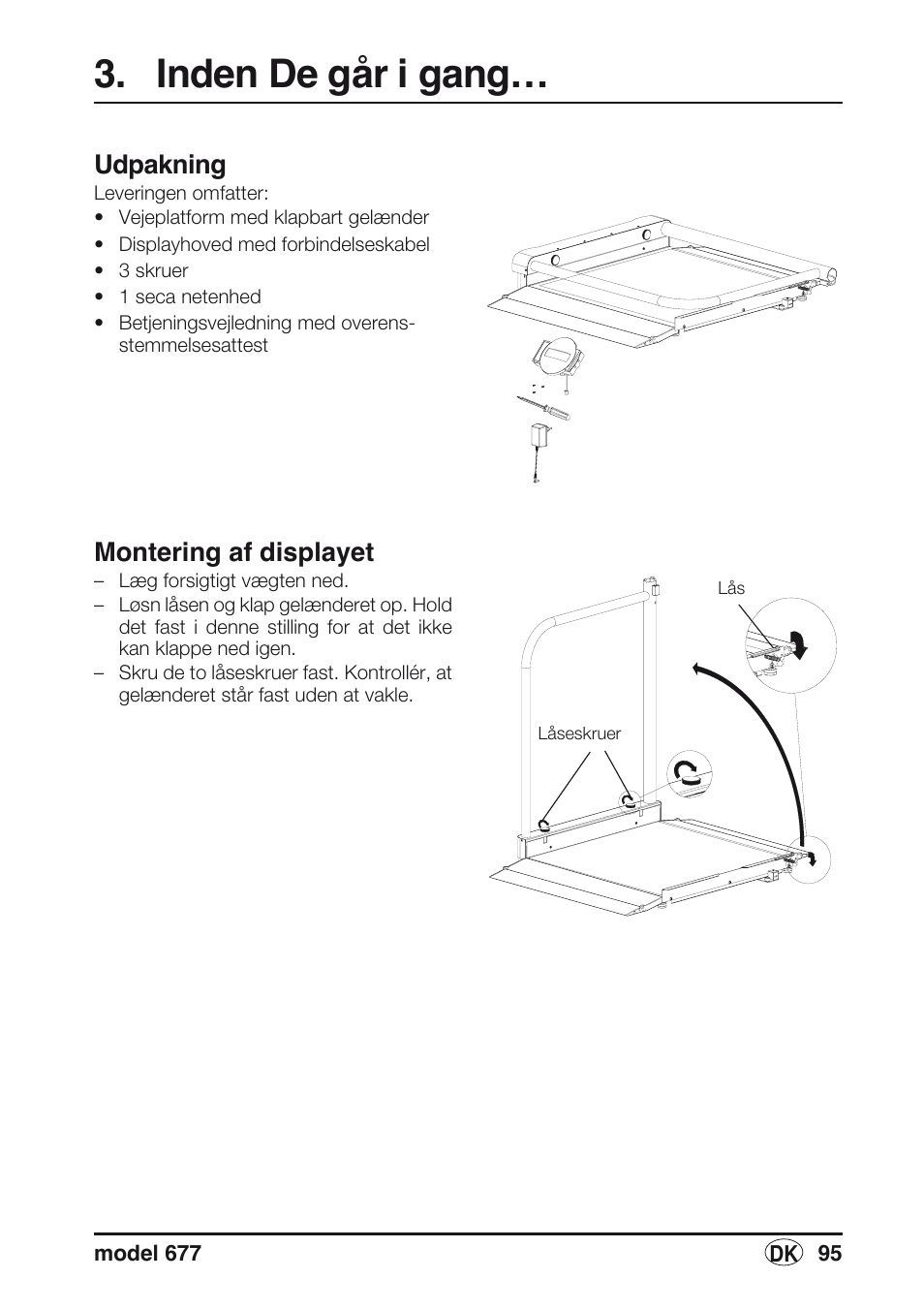 Inden de går i gang, Udpakning, Montering af displayet | Seca 677 User Manual | Page 95 / 240