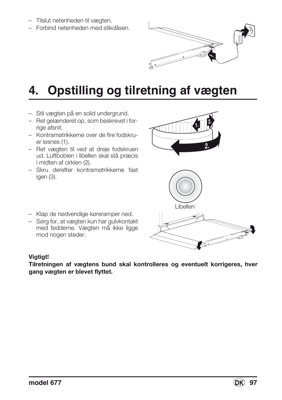 Opstilling og tilretning af vægten, Libelle | Seca 677 User Manual | Page 97 / 240