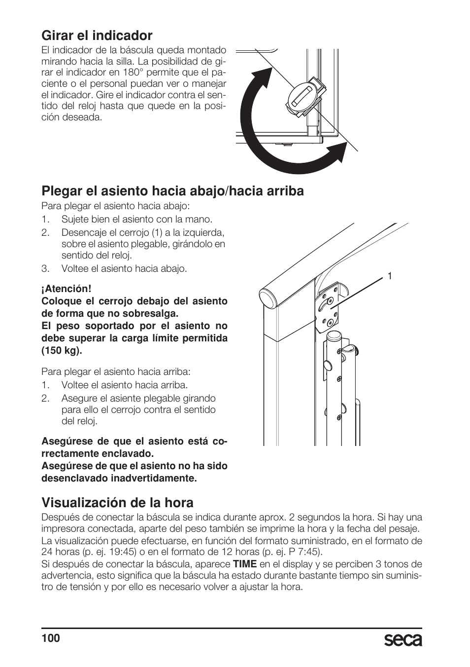 Girar el indicador, Plegar el asiento hacia abajo/hacia arriba, Visualización de la hora | Seca 685 User Manual | Page 100 / 292