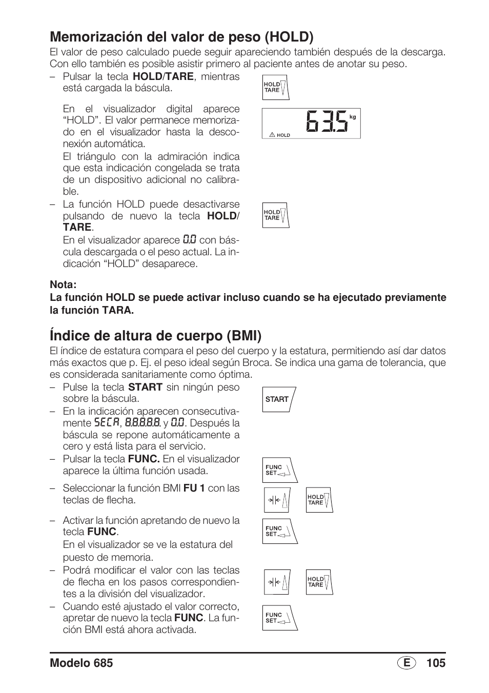 Memorización del valor de peso (hold), Índice de altura de cuerpo (bmi) | Seca 685 User Manual | Page 105 / 292