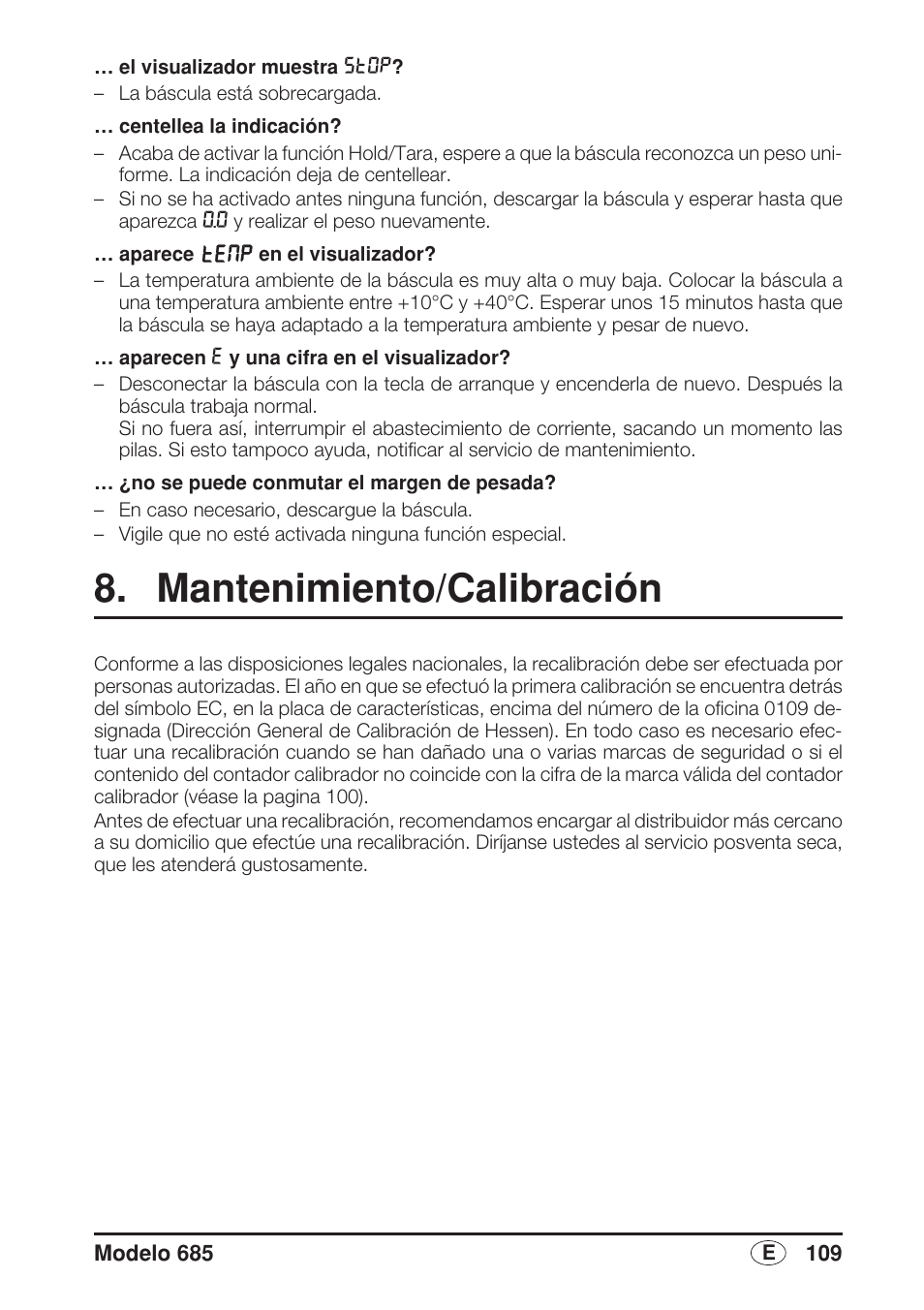 Mantenimiento/calibración | Seca 685 User Manual | Page 109 / 292