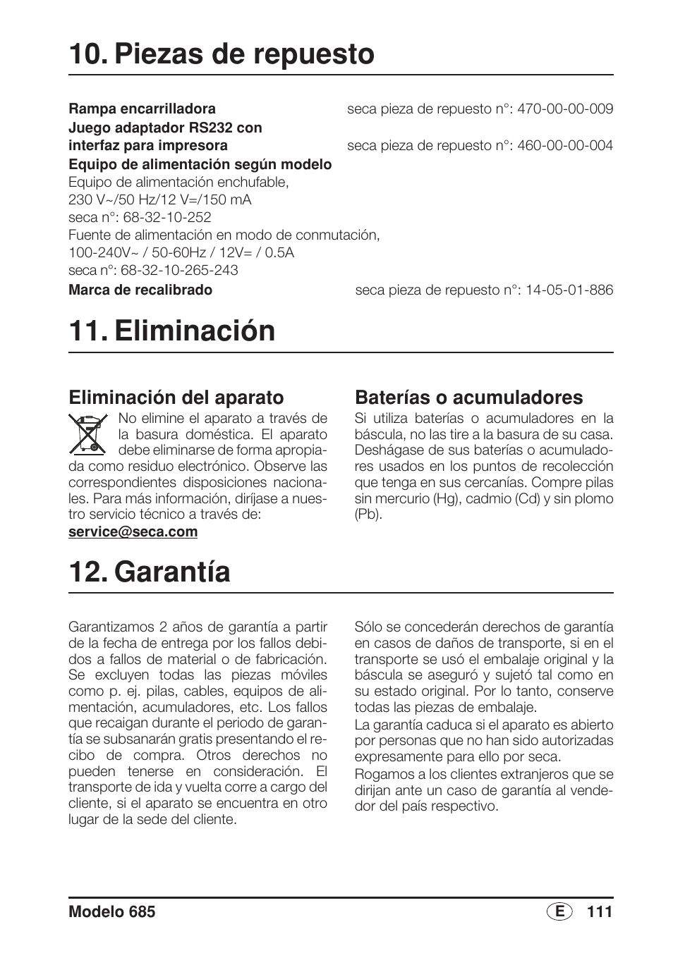 Piezas de repuesto, Eliminación, Eliminación del aparato | Baterías o acumuladores, Garantía | Seca 685 User Manual | Page 111 / 292
