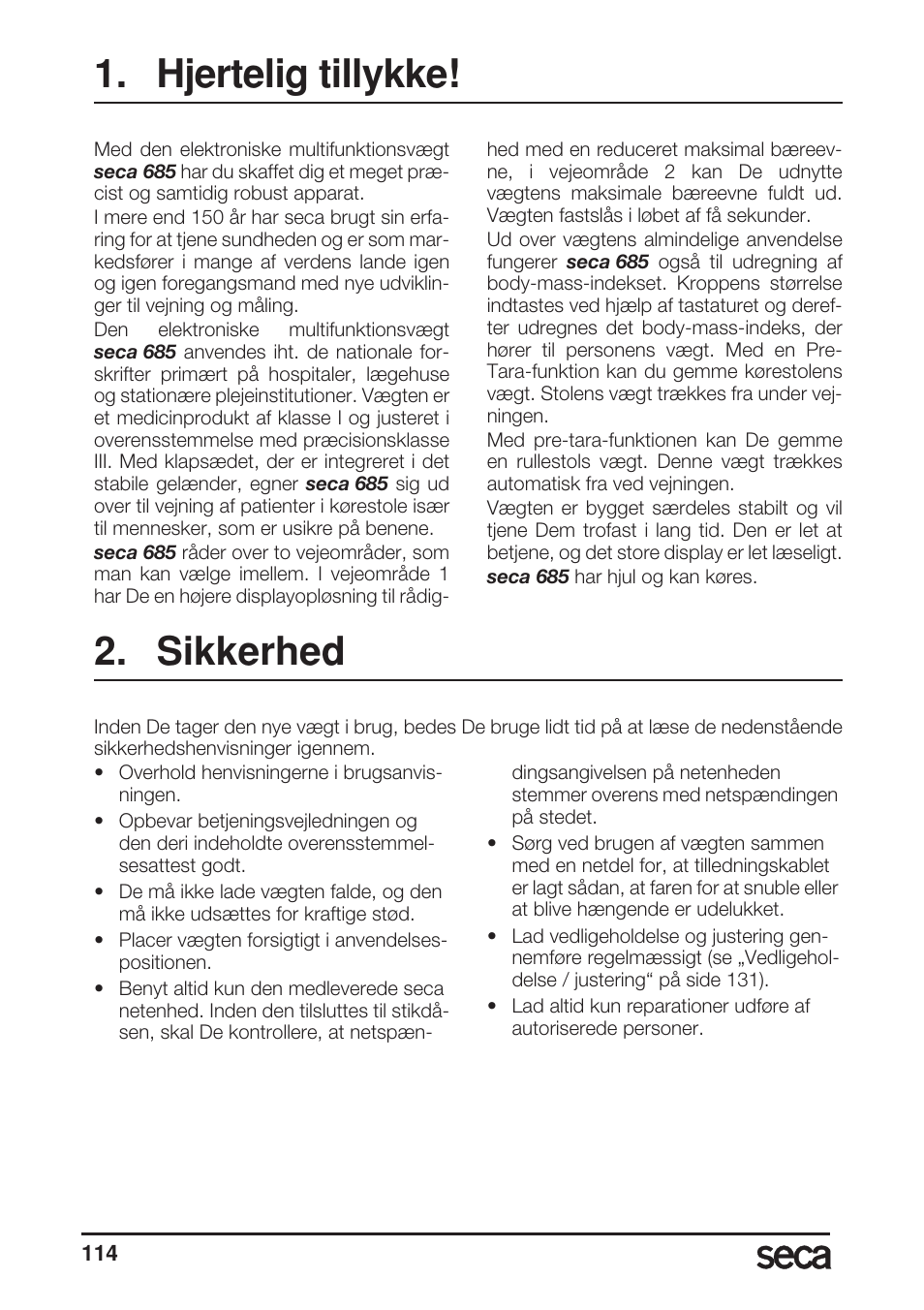 Hjertelig tillykke, Sikkerhed | Seca 685 User Manual | Page 114 / 292