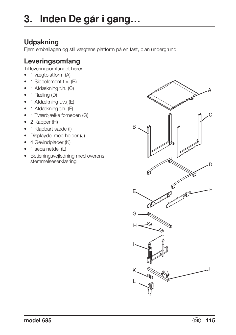 Inden de går i gang, Udpakning, Leveringsomfang | Seca 685 User Manual | Page 115 / 292
