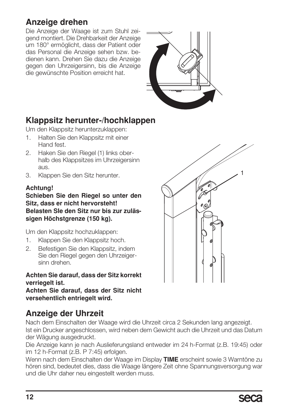 Anzeige drehen, Klappsitz herunter-/hochklappen, Anzeige der uhrzeit | Seca 685 User Manual | Page 12 / 292