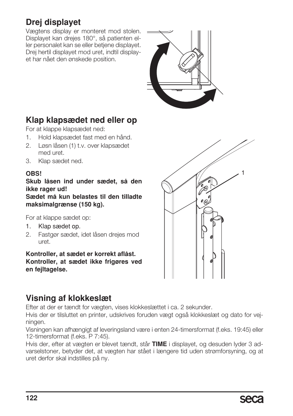 Drej displayet, Klap klapsædet ned eller op, Visning af klokkeslæt | Seca 685 User Manual | Page 122 / 292