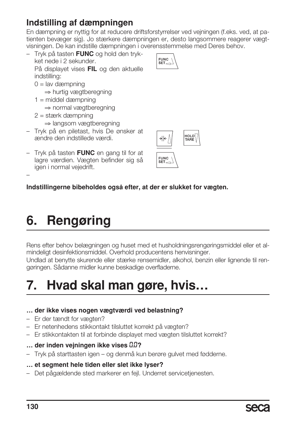 Indstilling af dæmpningen, Rengøring, Hvad skal man gøre, hvis | Seca 685 User Manual | Page 130 / 292