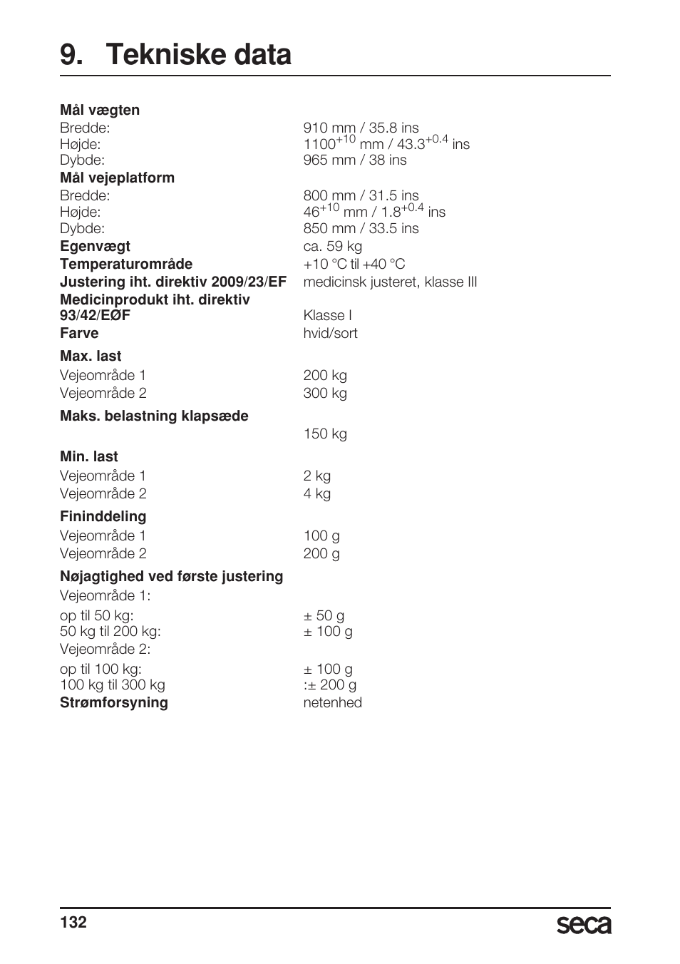 Tekniske data | Seca 685 User Manual | Page 132 / 292