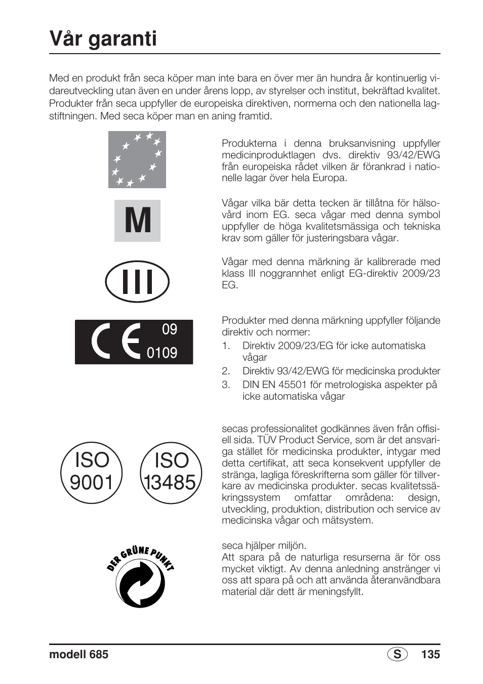 Svenska, Vår garanti | Seca 685 User Manual | Page 135 / 292