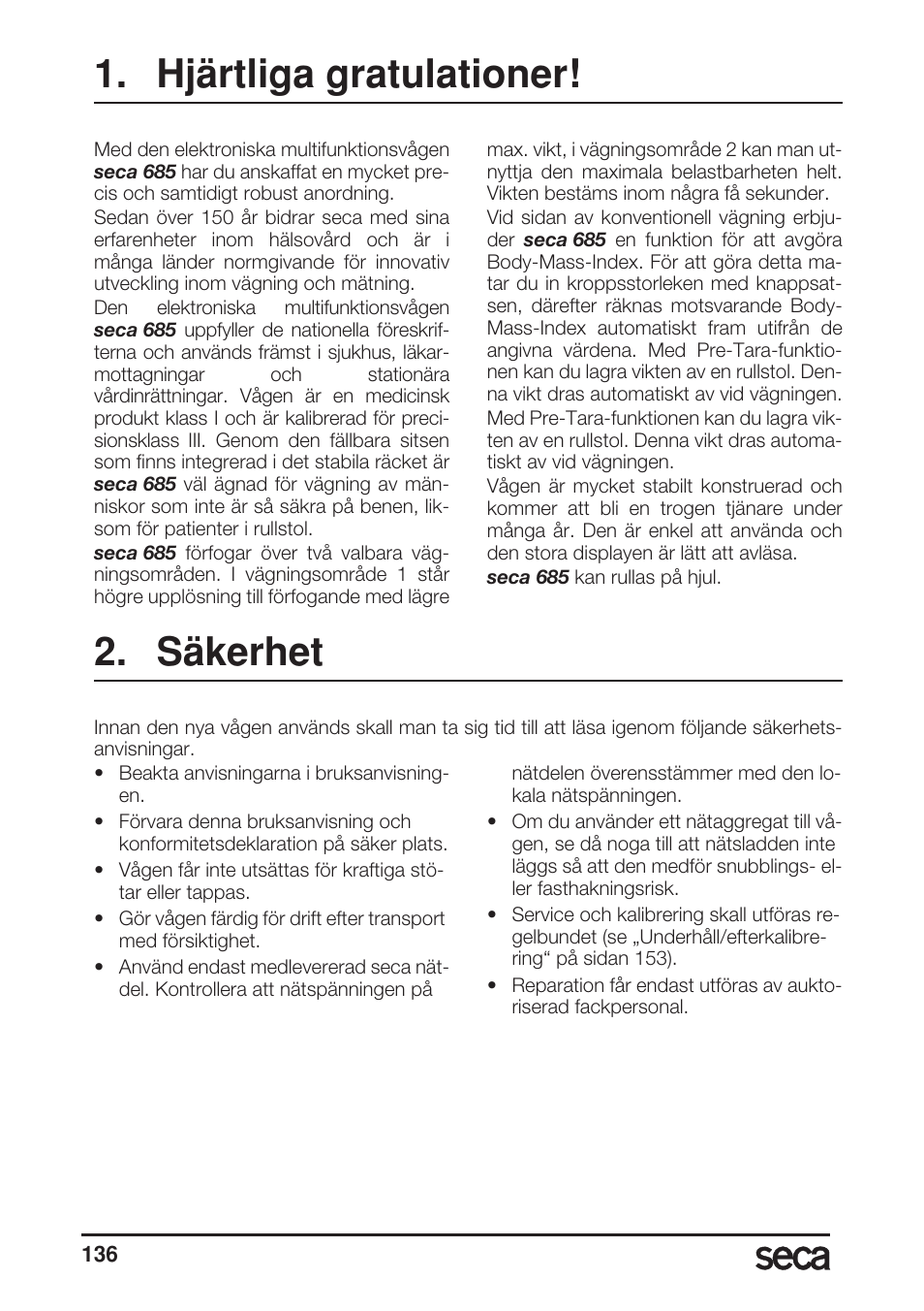 Hjärtliga gratulationer, Säkerhet | Seca 685 User Manual | Page 136 / 292