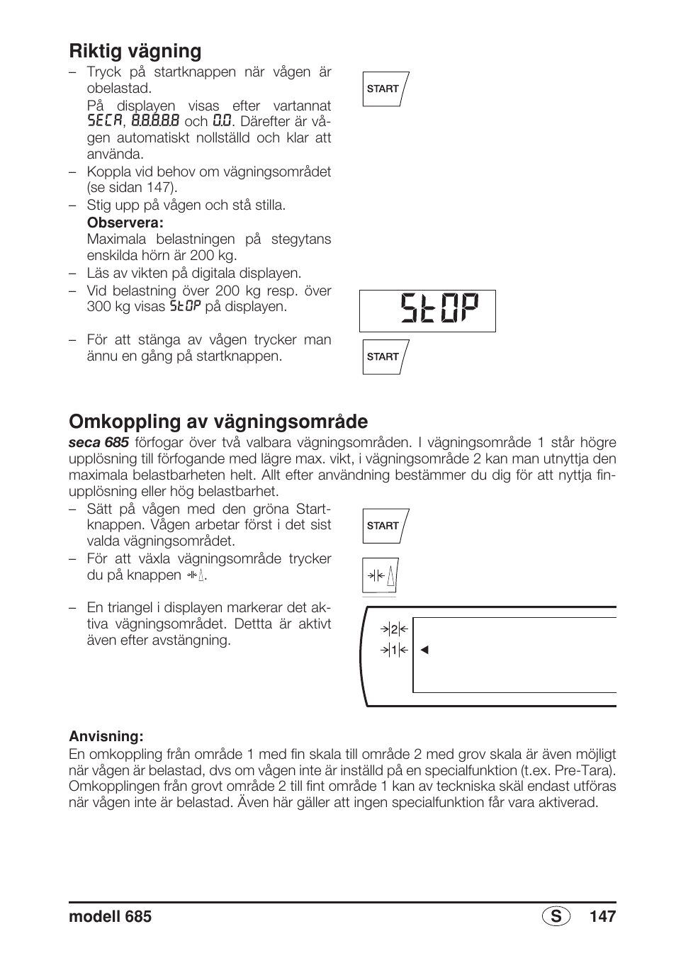Riktig vägning, Omkoppling av vägningsområde | Seca 685 User Manual | Page 147 / 292