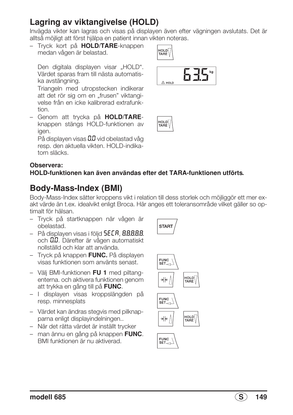 Lagring av viktangivelse (hold), Body-mass-index (bmi) | Seca 685 User Manual | Page 149 / 292