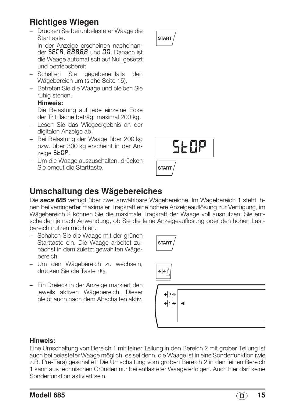 Richtiges wiegen, Umschaltung des wägebereiches | Seca 685 User Manual | Page 15 / 292