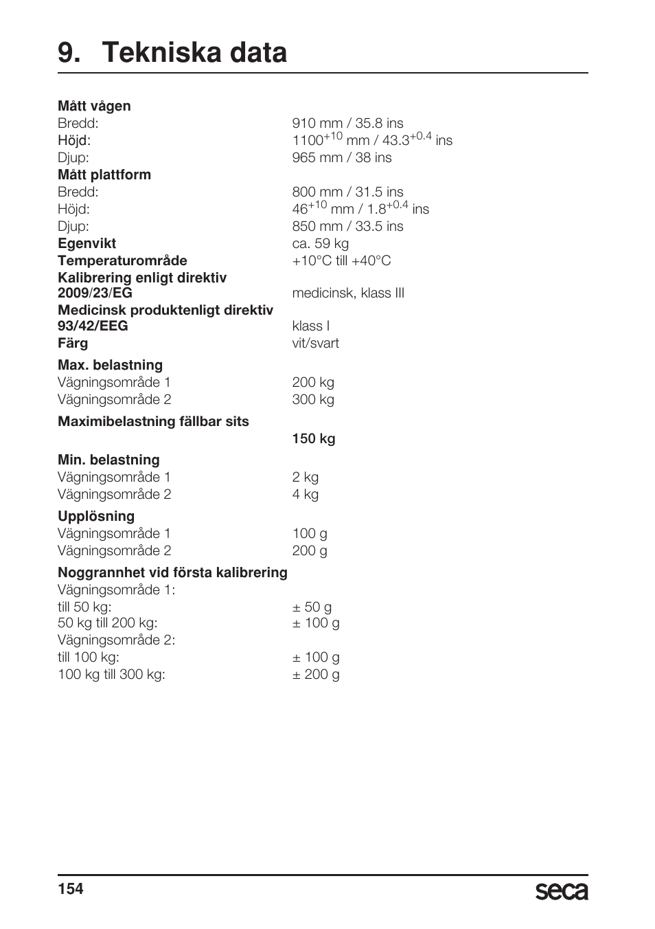 Tekniska data | Seca 685 User Manual | Page 154 / 292