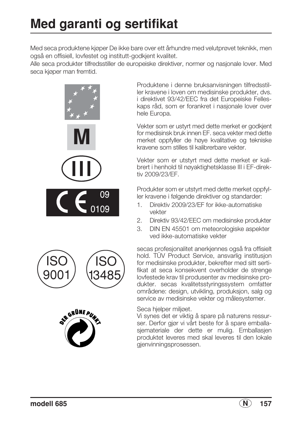 Norsk, Med garanti og sertifikat | Seca 685 User Manual | Page 157 / 292